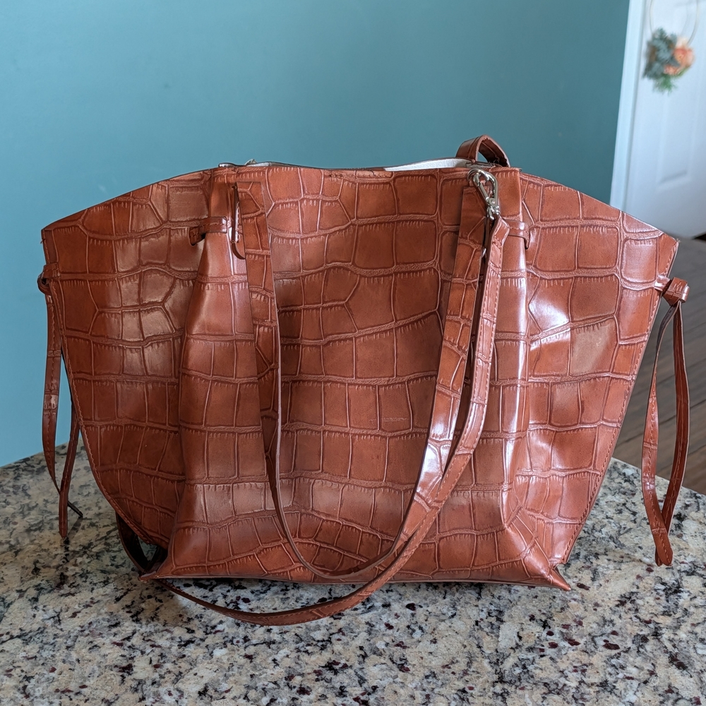 Zara Brown Faux Crocodile Skin Maxi Shopper 11x17x5